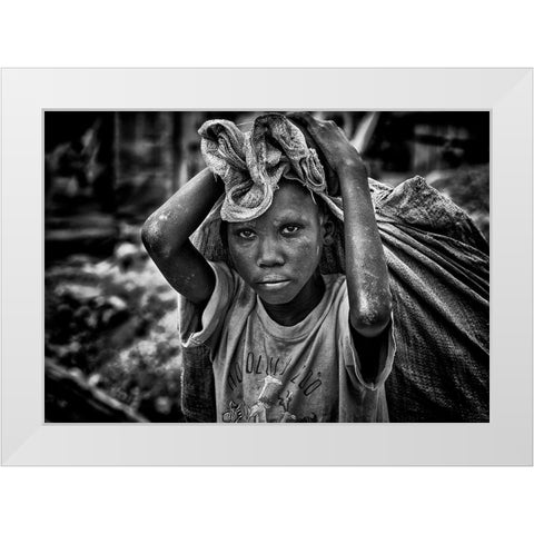 Child Working On Construction In The Streets Of Juba - South Sudan White Modern Wood Framed Art Print by Inazio Kuesta, Joxe