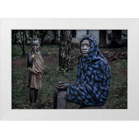 Surmi Tribe Man And Child - Ethiopia White Modern Wood Framed Art Print by Inazio Kuesta, Joxe