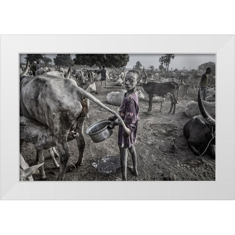 Mundari Child Filling The Container With Cow Urine - South Sudan White Modern Wood Framed Art Print by Inazio Kuesta, Joxe