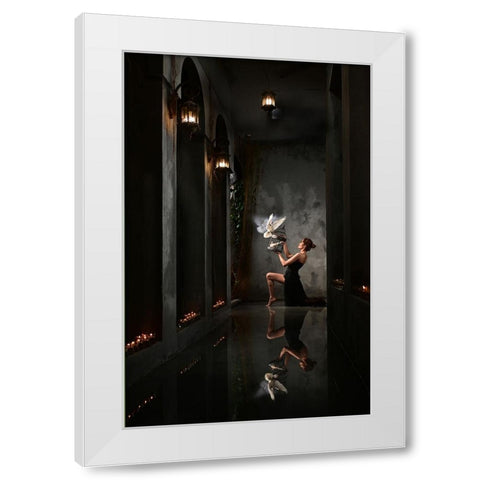 Playing With The Doves White Modern Wood Framed Art Print by Aditya, Rawisyah