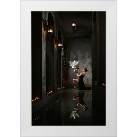 Playing With The Doves White Modern Wood Framed Art Print by Aditya, Rawisyah