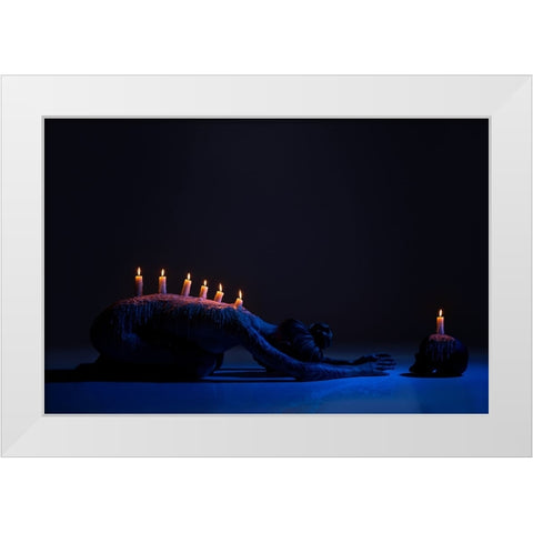 Burning Candles On Back Of Lady Bowing Down In Darkness White Modern Wood Framed Art Print by Guryanov, Andrey
