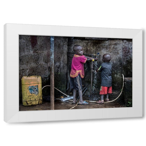 Surmi Tribe Children Cleaning Their Hands Before Starting To Eat - Ethiopia White Modern Wood Framed Art Print by Inazio Kuesta, Joxe