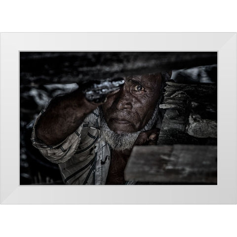 Man Tarring The Keel Of A Ship - Bangladesh White Modern Wood Framed Art Print by Inazio Kuesta, Joxe