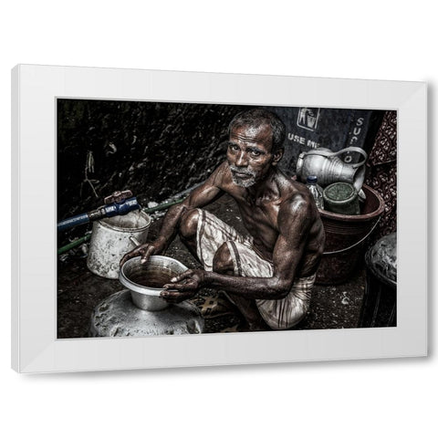 Man Filling A Pitcher With Water In The Streets Of Bangladesh. White Modern Wood Framed Art Print by Inazio Kuesta, Joxe