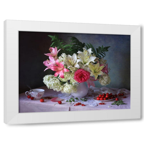 Still Life With Garden Flowers And Berries White Modern Wood Framed Art Print by Skorokhod, Tatyana