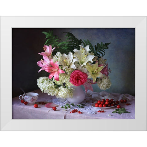 Still Life With Garden Flowers And Berries White Modern Wood Framed Art Print by Skorokhod, Tatyana