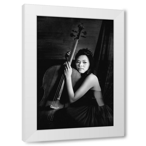 Female cellist White Modern Wood Framed Art Print by Yamamoto, Eiji