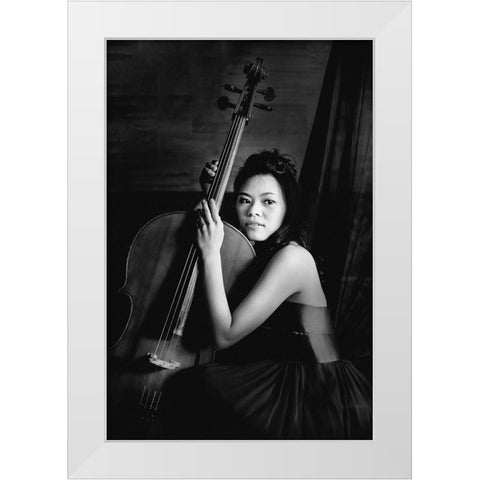 Female cellist White Modern Wood Framed Art Print by Yamamoto, Eiji