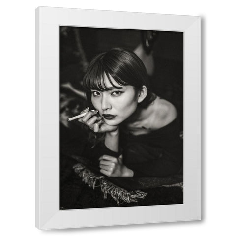 RESTS HER CHIN IN HER HAND White Modern Wood Framed Art Print by Iino, Ken-Ichi