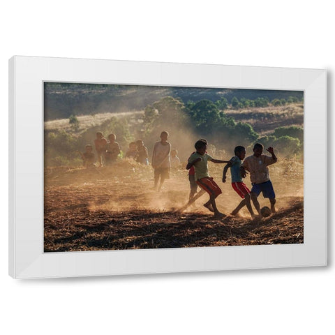 The Kids Playing Football White Modern Wood Framed Art Print by Shi, Mei