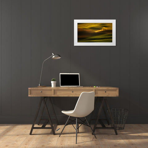 A Tractor In The Palouse Wheat Fields White Modern Wood Framed Art Print by Zhang, Joan