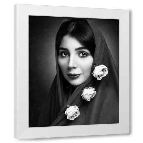 A Girl With Beautiful Flowers White Modern Wood Framed Art Print by Heydari, Amir
