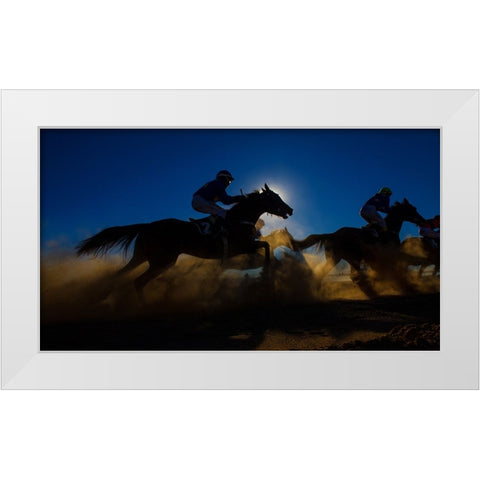 Horse Racing Through The Dust White Modern Wood Framed Art Print by Lee Chapman, Sharon