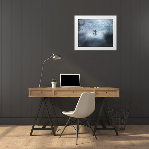 Girl And Bird White Modern Wood Framed Art Print by Lammakmak