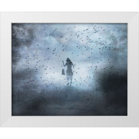 Girl And Bird White Modern Wood Framed Art Print by Lammakmak
