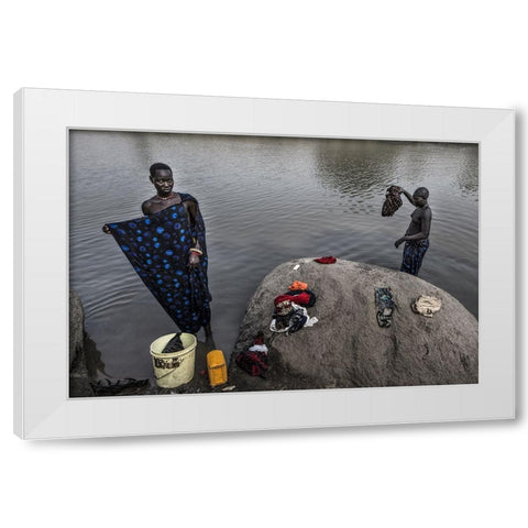 Mundari Tribe Women Cleaning Clothes In The RIVer - South Sudan White Modern Wood Framed Art Print by Inazio Kuesta, Joxe