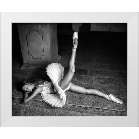 Ballerina Lying On The Stairs Bw White Modern Wood Framed Art Print by Nanev, Vasil