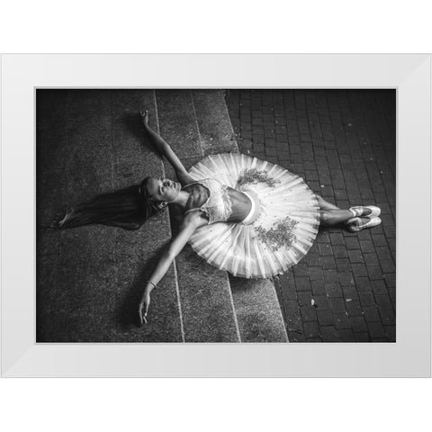 Ballerina Lying On The Stairs 2 Bw White Modern Wood Framed Art Print by Nanev, Vasil