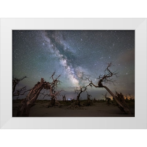 Galaxy Over A Dead Forest White Modern Wood Framed Art Print by Liao, Yuhan