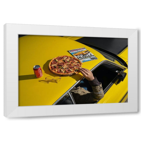 Pizza On Mustang Old School White Modern Wood Framed Art Print by Hamedani, Ardalan