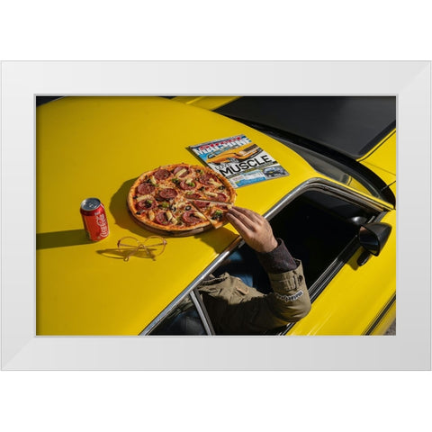 Pizza On Mustang Old School White Modern Wood Framed Art Print by Hamedani, Ardalan