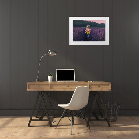 Winnie The Pooh Journey In The Lavender Sea White Modern Wood Framed Art Print by Stepanov, Dmitry