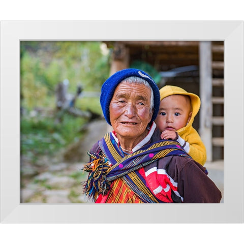 Grandma And Grandson White Modern Wood Framed Art Print by Golani, Aharon