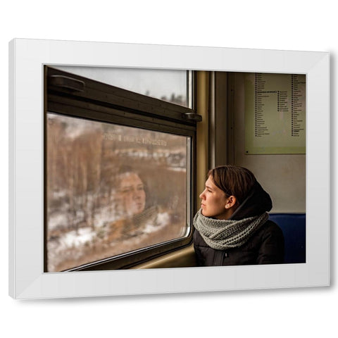 Lady In A Train White Modern Wood Framed Art Print by Golani, Aharon