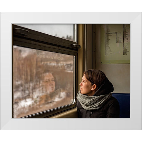 Lady In A Train White Modern Wood Framed Art Print by Golani, Aharon