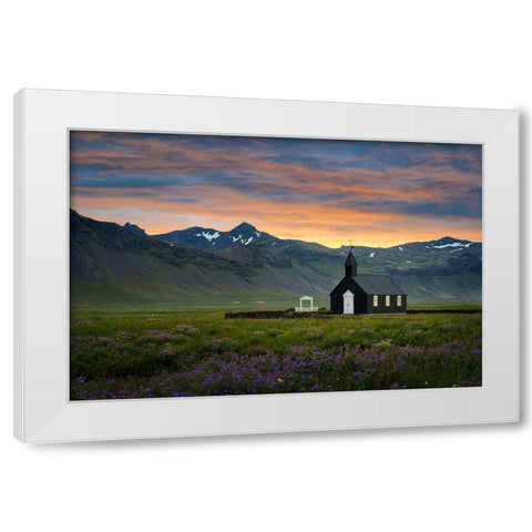 Baoadakirkja - Summer Sunrise White Modern Wood Framed Art Print by Kovar, Petr