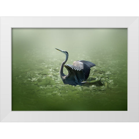 blue heron in a green dream White Modern Wood Framed Art Print by Chen, Jennifer