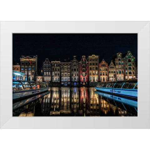 Qdancing Housesq On The Damrak Canal In Amsterdam White Modern Wood Framed Art Print by Mosqueira Rey, Eduardo