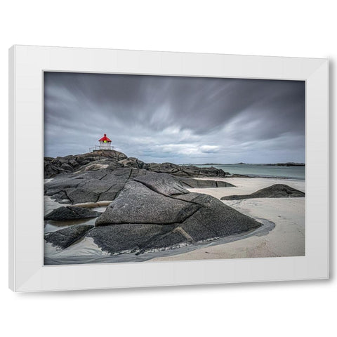 Lighthouse At Eggum White Modern Wood Framed Art Print by Goossens, Henk
