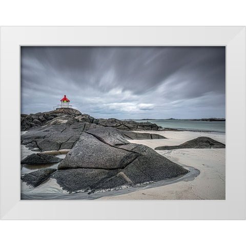 Lighthouse At Eggum White Modern Wood Framed Art Print by Goossens, Henk