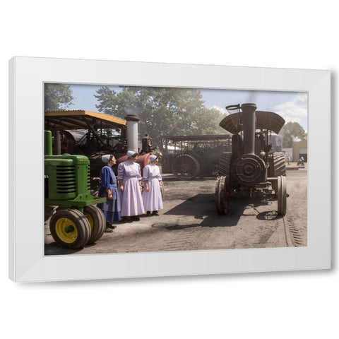 Three Mennos And A Tractor White Modern Wood Framed Art Print by A. Malek, Stan