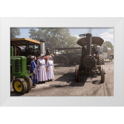 Three Mennos And A Tractor White Modern Wood Framed Art Print by A. Malek, Stan