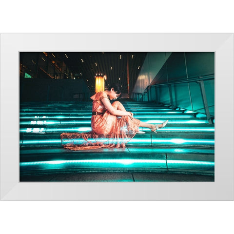 Blue-Green Glowing Stairway White Modern Wood Framed Art Print by Iino, Ken-Ichi