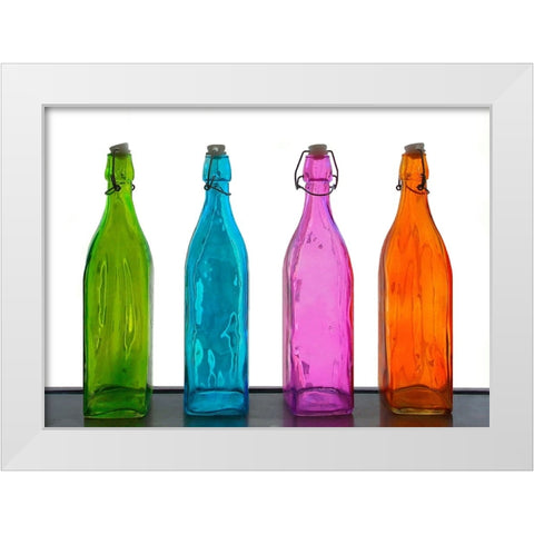 Colored bottles White Modern Wood Framed Art Print by Riza, Aliza