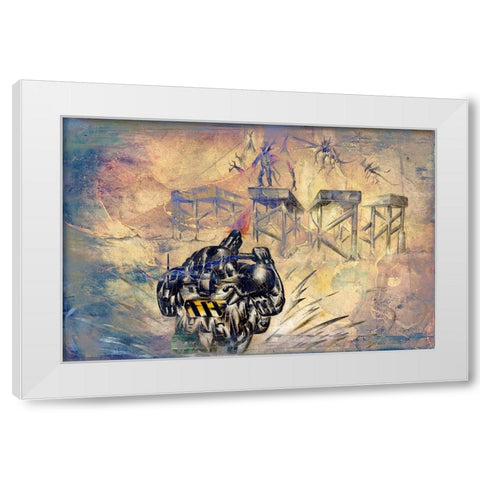 Space soldier against Aliens White Modern Wood Framed Art Print by Kulik, Rafal