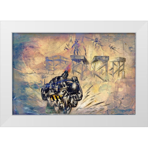 Space soldier against Aliens White Modern Wood Framed Art Print by Kulik, Rafal