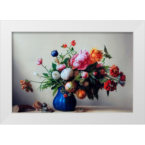 Flower Bouquet With Blue Vase White Modern Wood Framed Art Print by Treechild