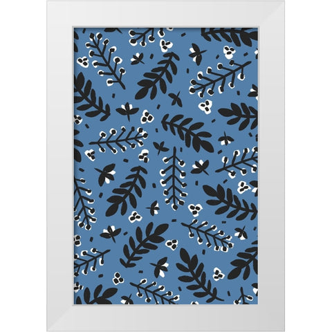 Branches And Berries (Blue) White Modern Wood Framed Art Print by Treechild