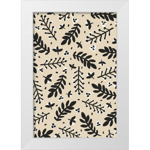 Banches And Berries (Beige) White Modern Wood Framed Art Print by Treechild