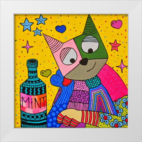 Cat and bottle of mint White Modern Wood Framed Art Print by Khamitova, Gulnara