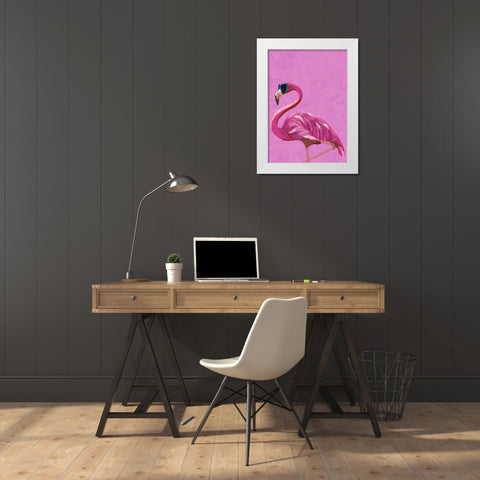 Magenta Metallic Flamingo White Modern Wood Framed Art Print by Manovski, Sarah