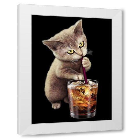 Cat and Soft Drink White Modern Wood Framed Art Print by Lawless, Adam