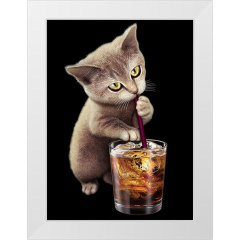Cat and Soft Drink White Modern Wood Framed Art Print by Lawless, Adam