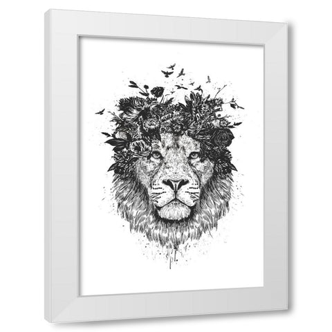 Floral lion (bw) White Modern Wood Framed Art Print by Solti, Balazs