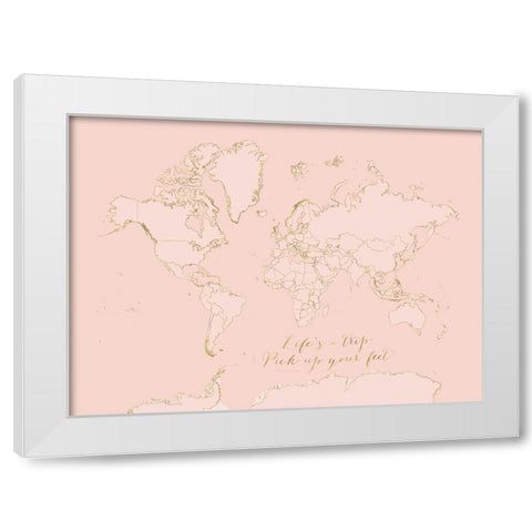 Inspirational pink and gold world map White Modern Wood Framed Art Print by Laiz Blursbyai, Rosana